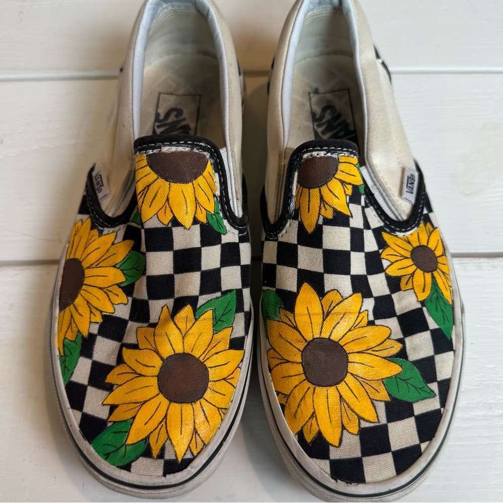 Vans Women’s CUSTOM PAINTED Sunflower Checkered Slip-On Shoes